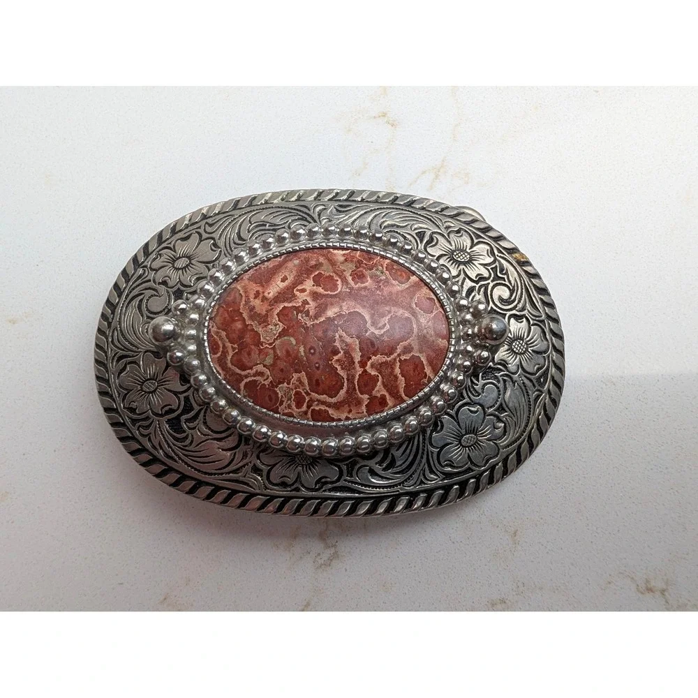 Vintage Western Floral Engraved Belt Buckle with Red Jasper Stone Centerpiece